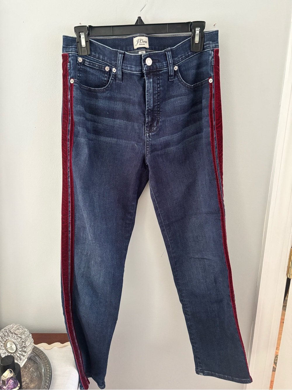 J. Crew Dark Wash Straight Leg Jeans with Burgundy Side Stripes